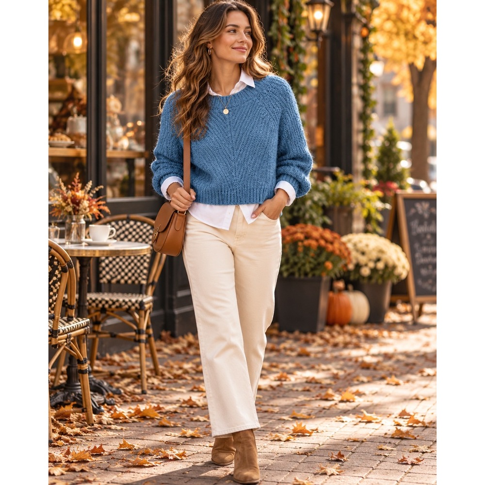 Wmns M Blue Alpaca Wool Blend Cropped Chunky Knit Sweater Cozycore Fall Pullover